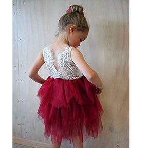 Little Girl Lace Flower Tutu Dress Backless Wedding Flower Girl Dress-Red