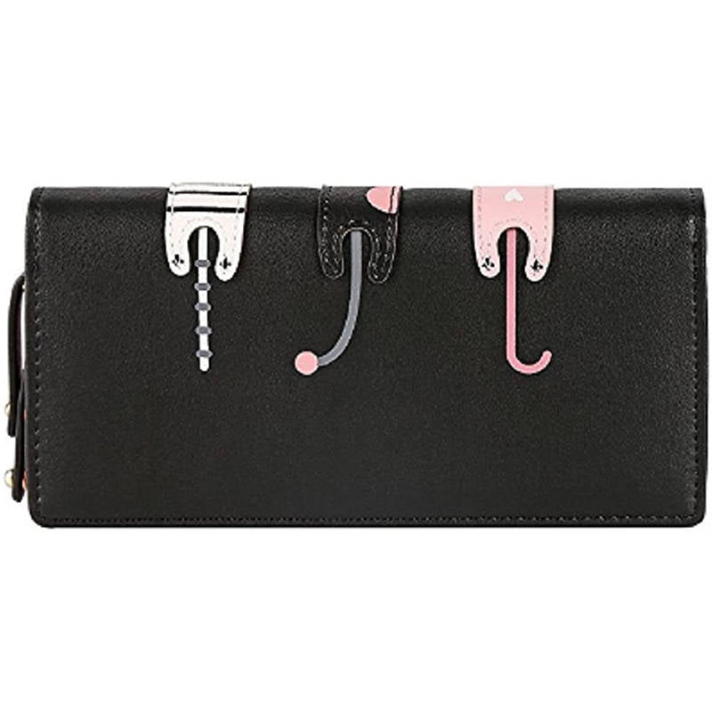 Womens Cute Cat Wallet Bifold Long Coin Purse with Zipper-Black