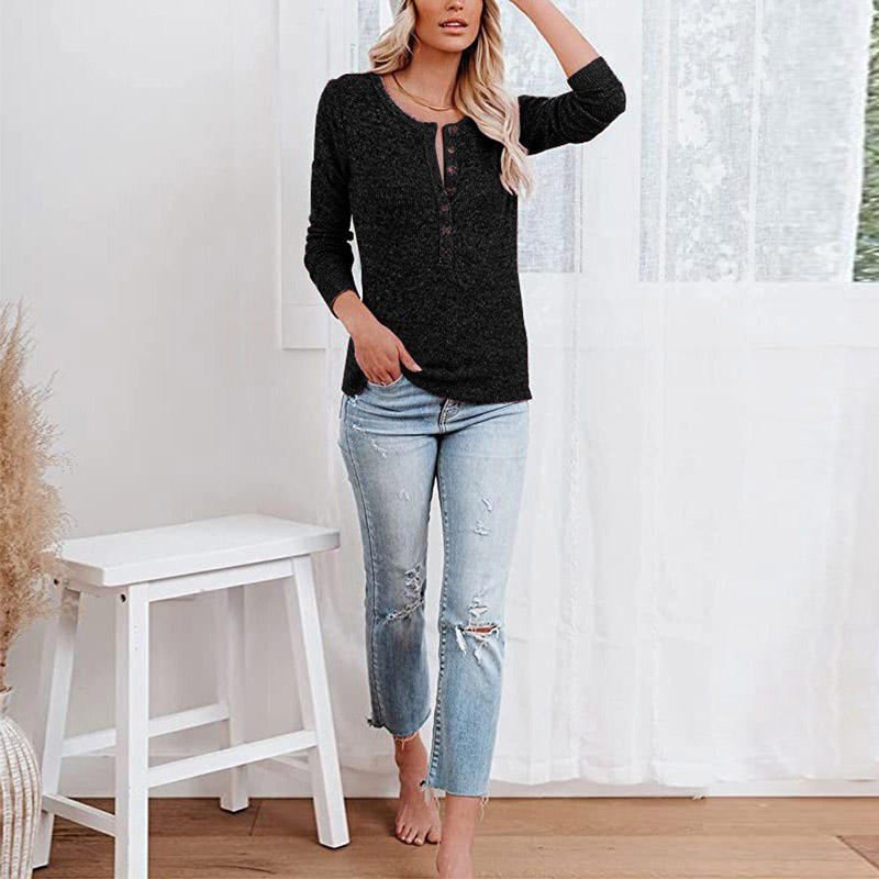 Womens Long Sleeve Tops Pullover with Buttons Down Casual Loose Fit-Blue