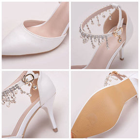 Pointed Toe High Heel Pearl Ankle Strap Wedding Dress Pump-White