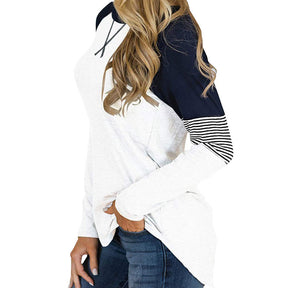 Womens Color Block Round Neck Tunic Top Casual Long Sleeve Shirt-White