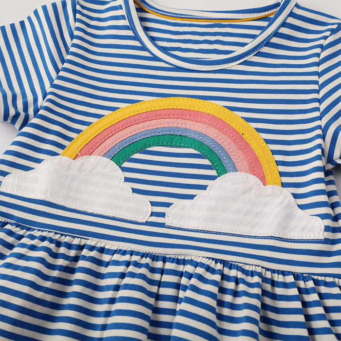 Girls Cotton Short Sleeve Casual Cartoon Appliques Striped Jersey Dresses-Blue