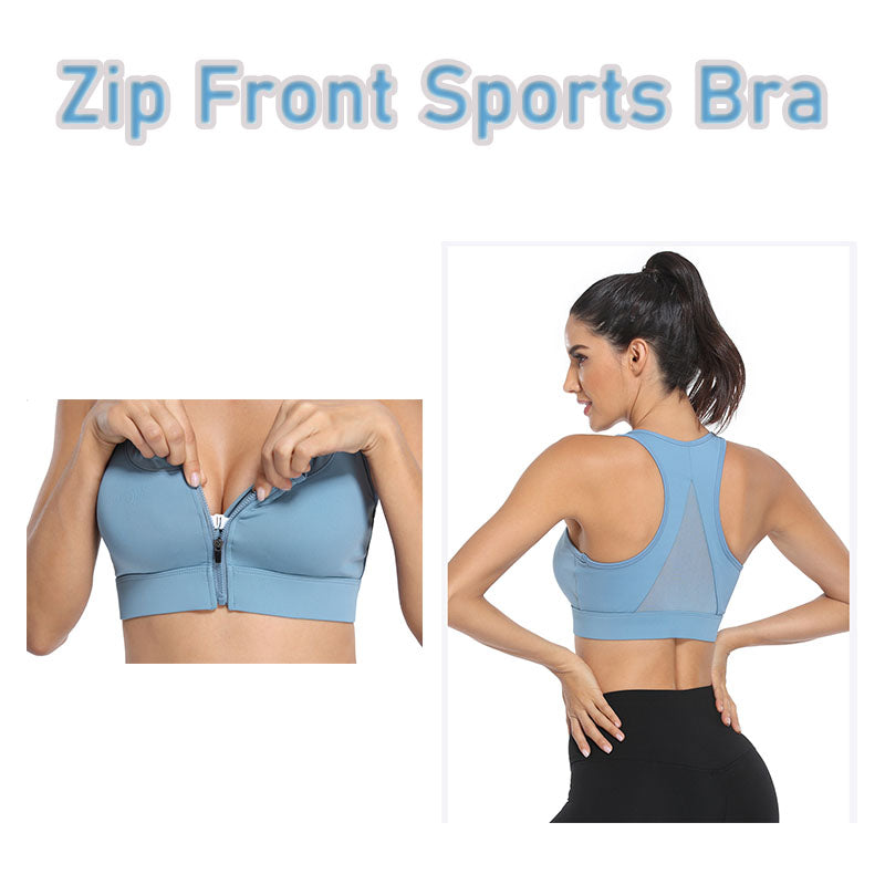 Sports Bra Front Zipper Wide Shoulder Straps Shockproof Yoga Vest -Blue