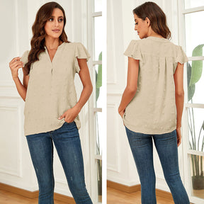 Womens Ruffle Shirts V Neck Short Sleeve Pom Chiffon Blouses Tops-Apricot