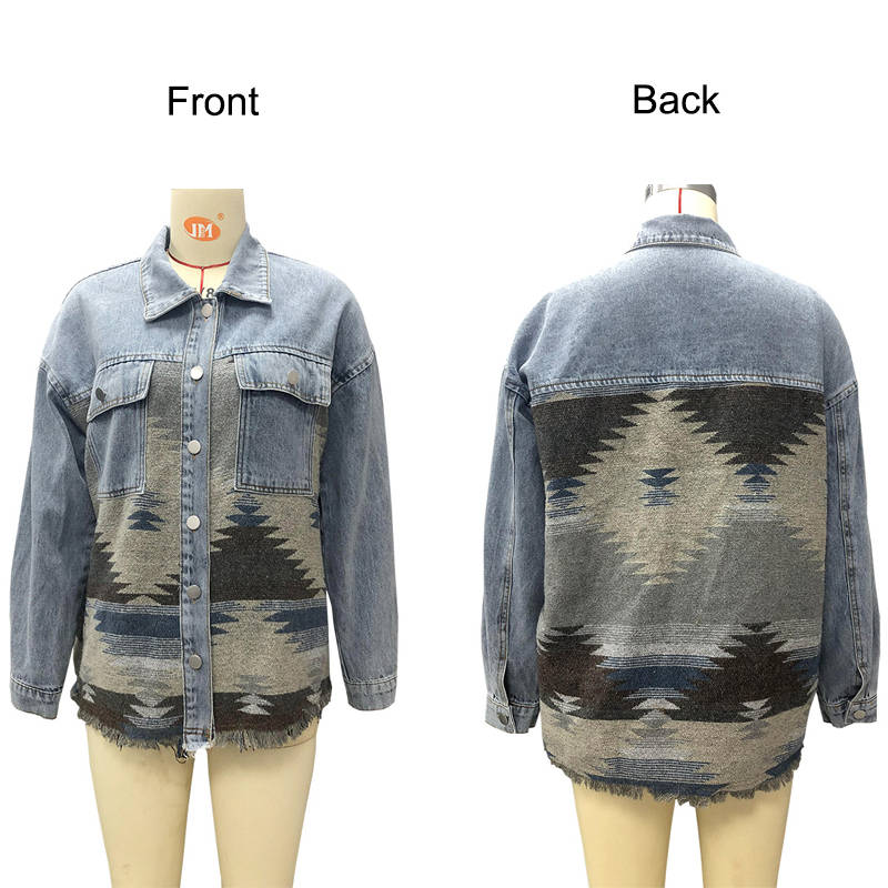 Aztec Denim Jacket for Women Distressed Lapel Long Sleeve Coat-Blue