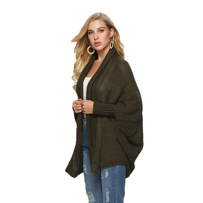 Women's Batwing Knitted Oversized Slouchy Solid Cardigan Sweater Knit Outwear-Dark Green