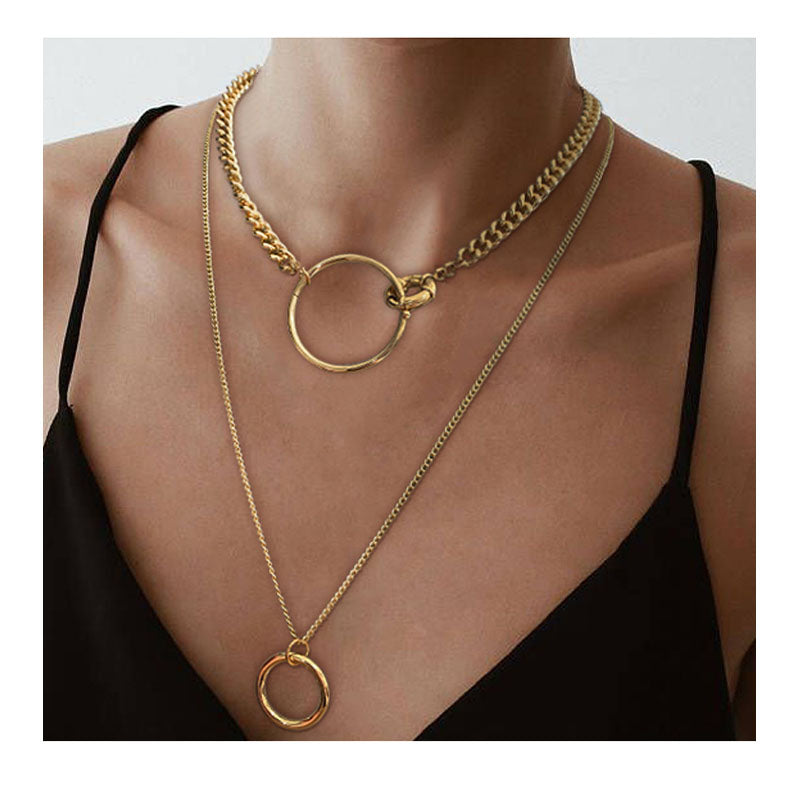 Women Delicate Circle Pendant Layered Necklace