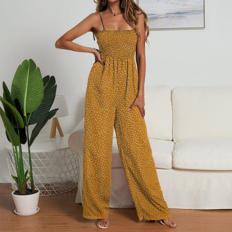 Ladies Polka Dot Spagettic Strap Wide Leg Jumpsuits-Yellow