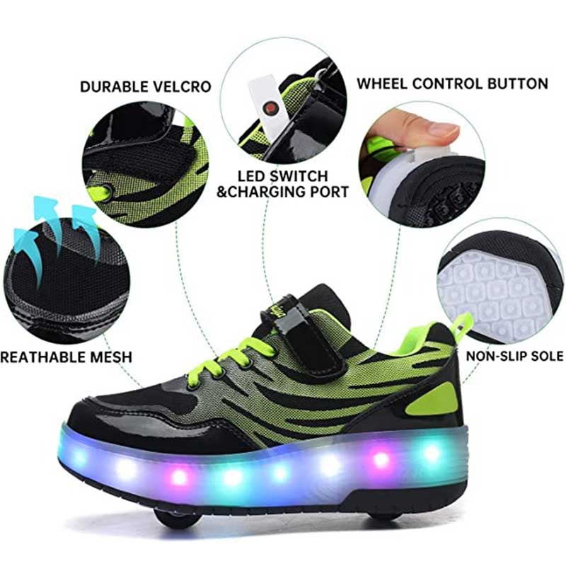 Kids Roller Skates Light up Shoes Sport Sneaker USB Chargable-Black Green