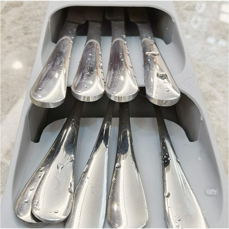 Compact Cutlery Organizer Kitchen Drawer Tray for Kitchen Drawer Holding Flatware Spoons Forks-Gray