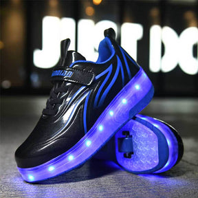 Double Wheel Roller Skate Shoes Light Up Sneakers for Boys Girls-Black Blue