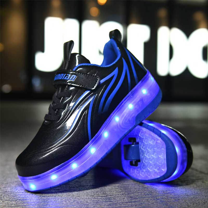 Double Wheel Roller Skate Shoes Light Up Sneakers for Boys Girls-Black Blue