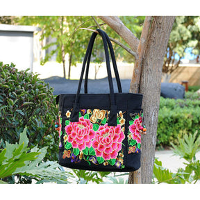 Embroidered Canvas Top Handle Handbag Ladies Casual Vintage Shoulder Bag-RedPeony