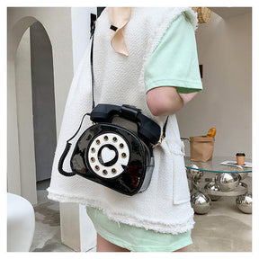 Women Telephone Shaped Handbag Retro Phone Top-Handle Crossbody Bags-Black