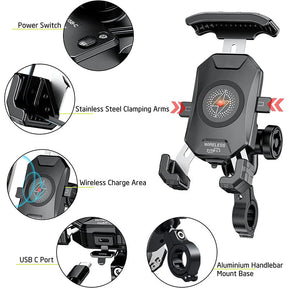Anti-Theft Motorcycle Wireless Phone Mount Charger Works with 12V/24V Vehicle-Handlebar