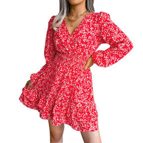 Womens Floral Long Sleeve V Neck Elastic High Waist Chiffon Dress-Red