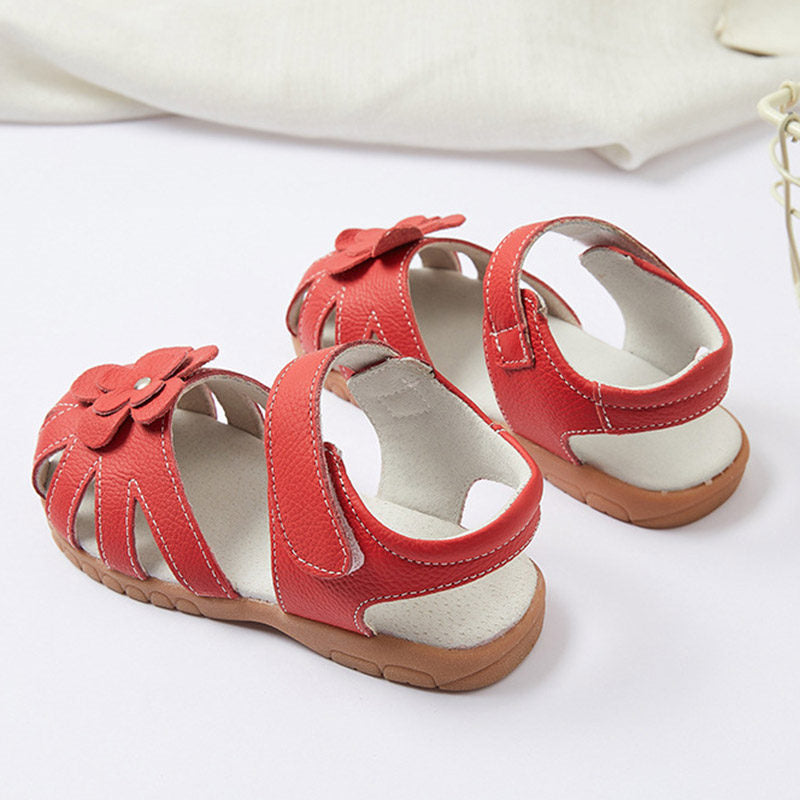 Flat Sandals for Toddler Girls Closed-Toe with Flower Summer Shoes-Red