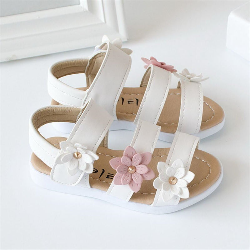 Girls Fashion Flower Sandals Flat Open Toe Shoes for Summer-White