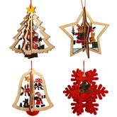 Set of 4 Wooden Hanging Ornaments 3D Snowflake Bells Star Tree Home Decorations-A