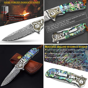 Damascus Steel Folding Pocket Knife with Leather Sheath