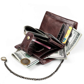 Vintage Womens RFID Blocking Leather Wallet Small Chain-Coffee