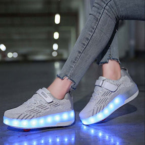 Kids LED Rechargeable Roller Skate Shoes with Double Wheel-White