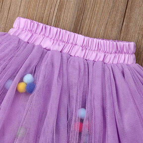 Girl Tutu Skirt Fluffy Toddler Tulle Tutus 3 Layers With Pom Pom Puff Balls-Purple