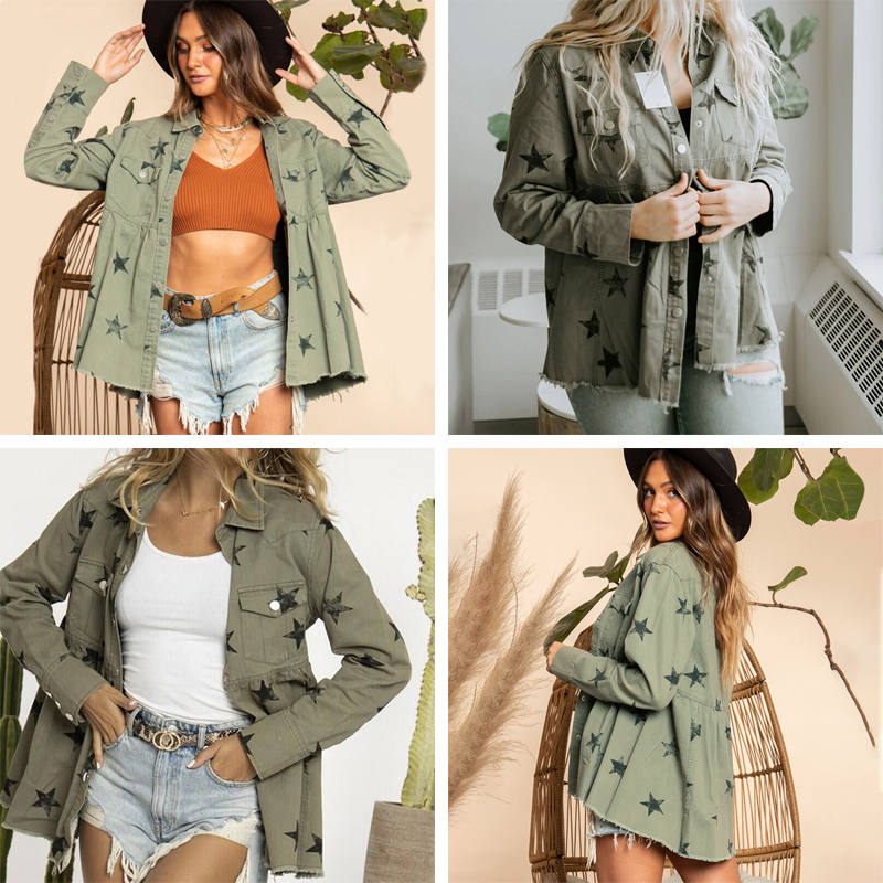 Star Print Jacket for Women Frayed Hem Distressed Denim Coat-Green