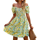 Womens Summer Dress High Waist Floral Smocked Tiered Dresses-Yellow