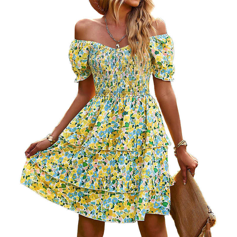 Womens Summer Dress High Waist Floral Smocked Tiered Dresses-Yellow