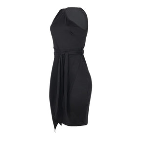 Solid Color Sleeveless Sloping Shoulder Strap Party Cocktail Dress-Black