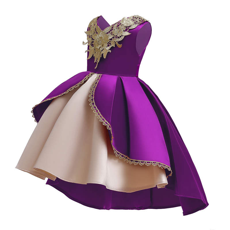 2-9 Years Flower Girls Dress Wedding Party Embroidered Dress-PurpleGold