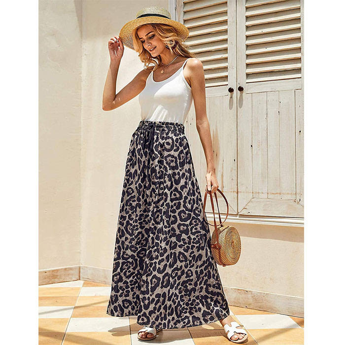 Women's Gold Velvet Fashion Leopard Printing Maxi Skirt High Elastic Shirring Waisted Dress-Dark Gray