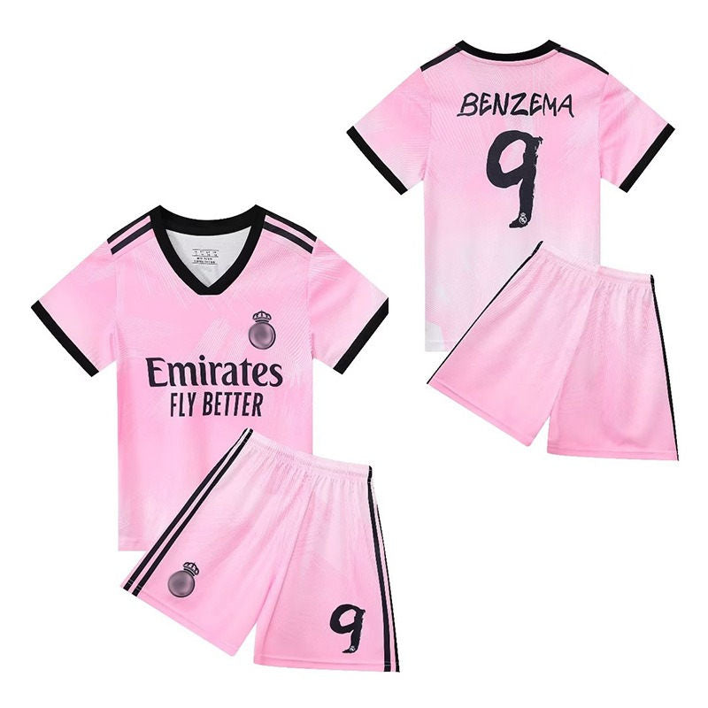 BENZEMA #9 Real Madrid Club Away Pink 22/23 Soccer Jersey Kit For Kids