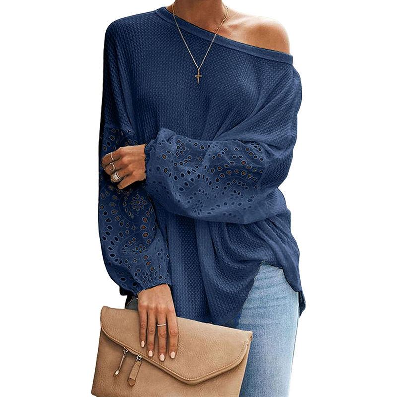 Womens Off Shoulder Tops Waffle Knit Lantern Long Sleeve Pullover-Blue