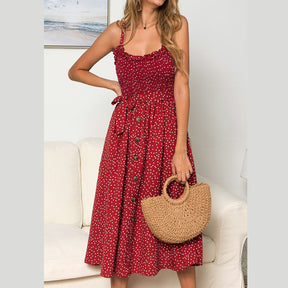 Womens Summer Suspenders Ruffle Polka-dot Printed Dress-Red