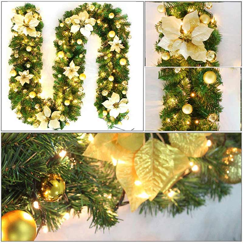 2.7M Christmas Garland with Lights Rattan Artificial Garland Green for Indoor Home Fireplace Stair Decorations-Gold