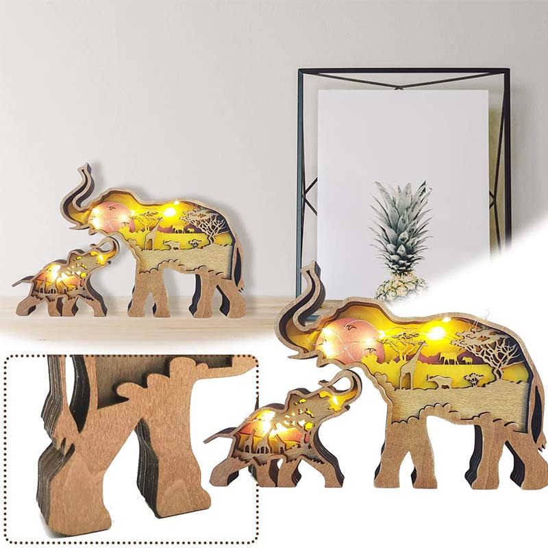 2Pcs Elephant Wooden Crafts 3D Animal Statue with Lights Home Decor