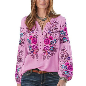 Womens Long Sleeve V Neck Print Blouse Loose Fit Casual Tops-Pink