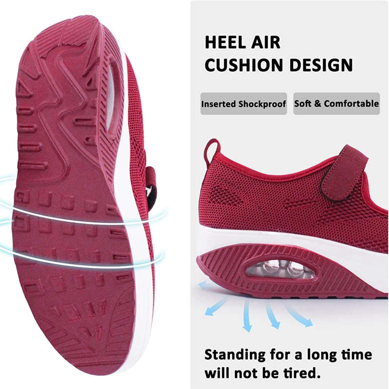Women Casual Air Cushion Sneakers Velcro Mary Jane Shoes-Red