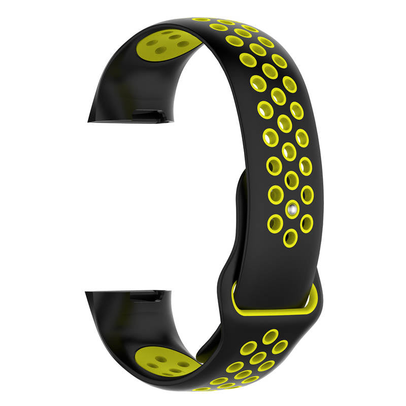 Double Color Porous Breathable Watch Band Silicone Wristband For Fitbit Charge 3 Sport Smartwatch -Black Yellow