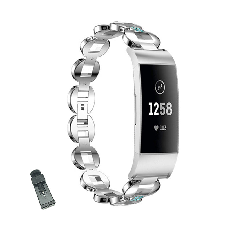DH Stainless Steel White Diamond+Blue Diamond Watch Band Adjustable Replacement Wristband For Fitbit Charge 2/3 For Women-Silver