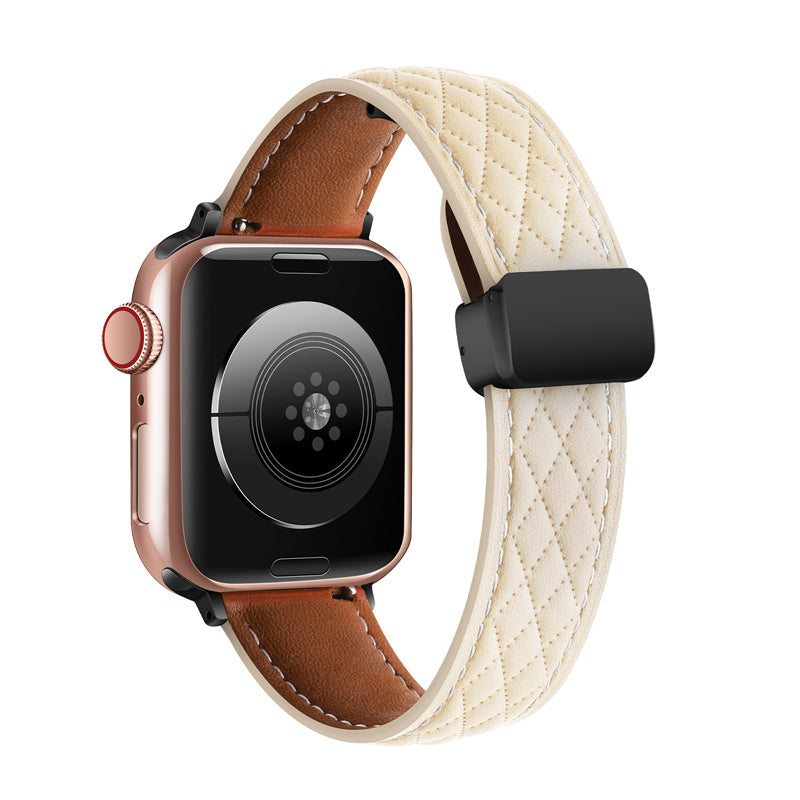 Vintage Leather Band Folding Buckle Replacement Strap for Apple Watch-Starlight