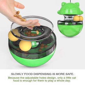 Tumbler Style Cat Food Dispenser Treat Toys with Dual Rolling Balls Detachable Wand-Green