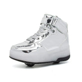 Kids Light Up Roller Skate Shoes High Top Sneakers Double Wheels-Silver