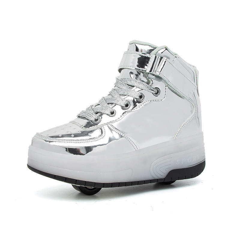 Kids Light Up Roller Skate Shoes High Top Sneakers Double Wheels-Silver