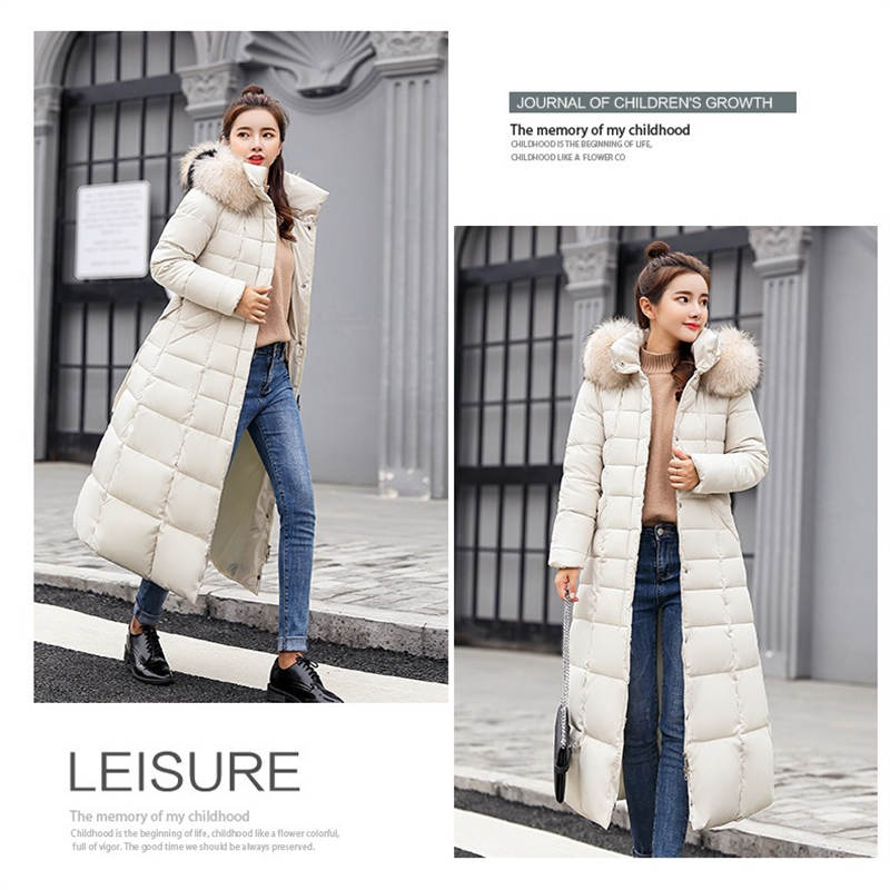 Women Warm Down Jacket with Hood Fur Long Puffer Coat-White