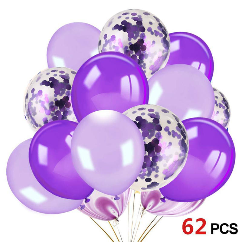 62pcs 12inch Purple Balloons Assorted Latex Purple Confetti White Balloons Garland Arch Kit for Wedding Birthday Graduation Party Decorations