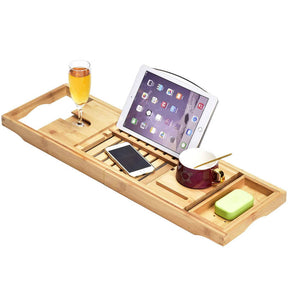 Bamboo Bathtub Tray Caddy Expandable Placed Book Smartphone and Wine Holder