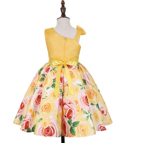 Oblique Shoulder Childrens Dress Rose Print Dress Girls Evening Party Costume-Yellow